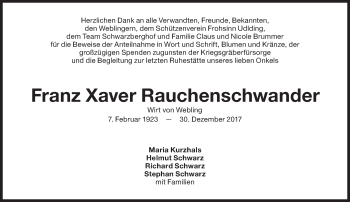 Traueranzeige von Franz Xaver Rauchenschwander von Süddeutsche Zeitung