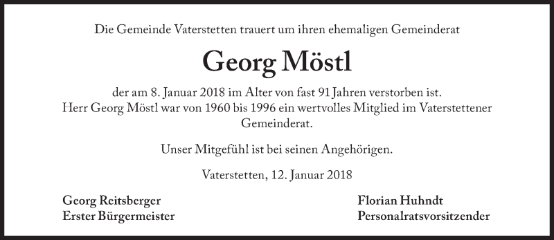  Traueranzeige für Georg Möstl vom 12.01.2018 aus Süddeutsche Zeitung