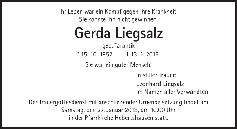  Traueranzeige für Gerda Liegsalz vom 20.01.2018 aus Süddeutsche Zeitung