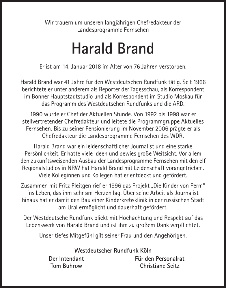  Traueranzeige für Harald Brand vom 20.01.2018 aus Süddeutsche Zeitung