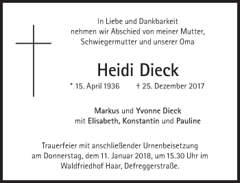 Traueranzeige von Heidi Dieck von Süddeutsche Zeitung