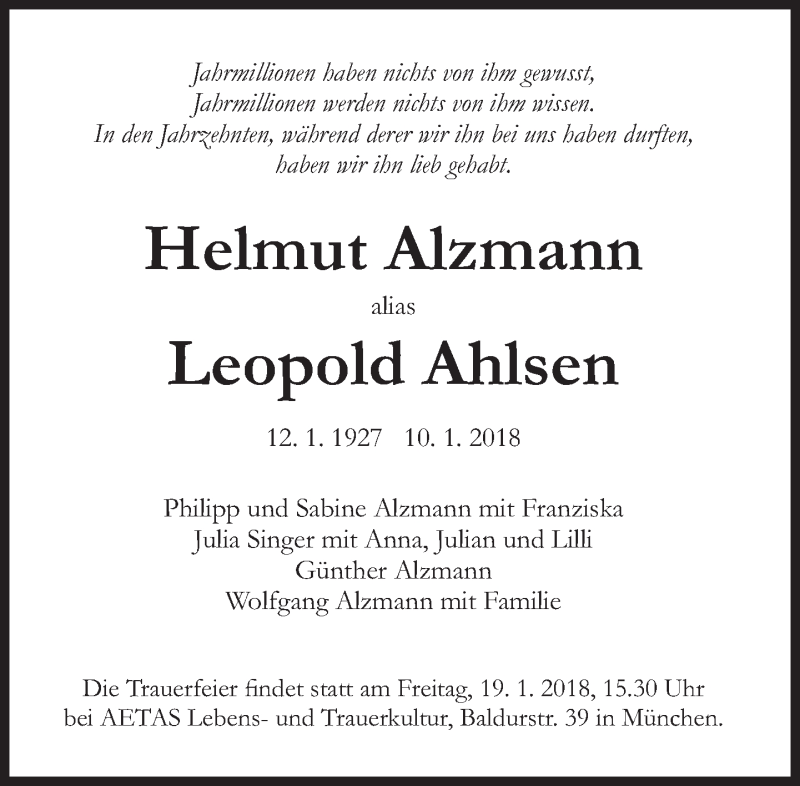  Traueranzeige für Helmut Alzmann vom 13.01.2018 aus Süddeutsche Zeitung