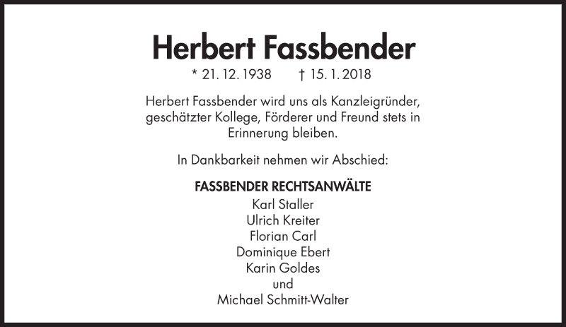  Traueranzeige für Herbert Fassbender vom 20.01.2018 aus Süddeutsche Zeitung