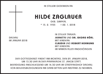 Traueranzeige von Hilde Zaglauer von Süddeutsche Zeitung