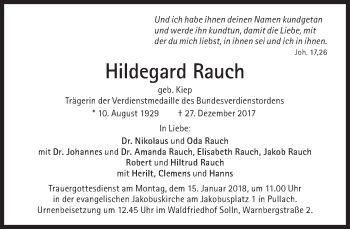 Traueranzeige von Hildegard Rauch von Süddeutsche Zeitung