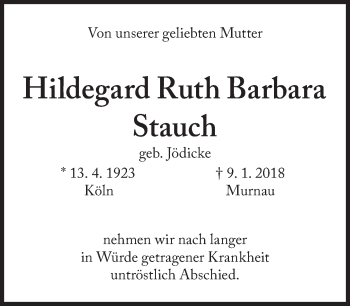 Traueranzeige von Hildegard Ruth Barbara Stauch von Süddeutsche Zeitung