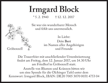 Traueranzeige von Irmgard Block von Süddeutsche Zeitung