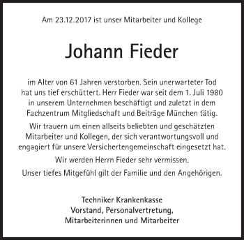 Traueranzeige von Johann Fieder von Süddeutsche Zeitung