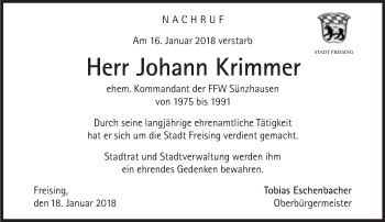 Traueranzeige von Johann Krimmer von Süddeutsche Zeitung
