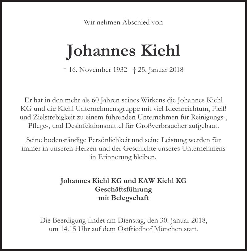  Traueranzeige für Johannes Kiehl vom 27.01.2018 aus Süddeutsche Zeitung