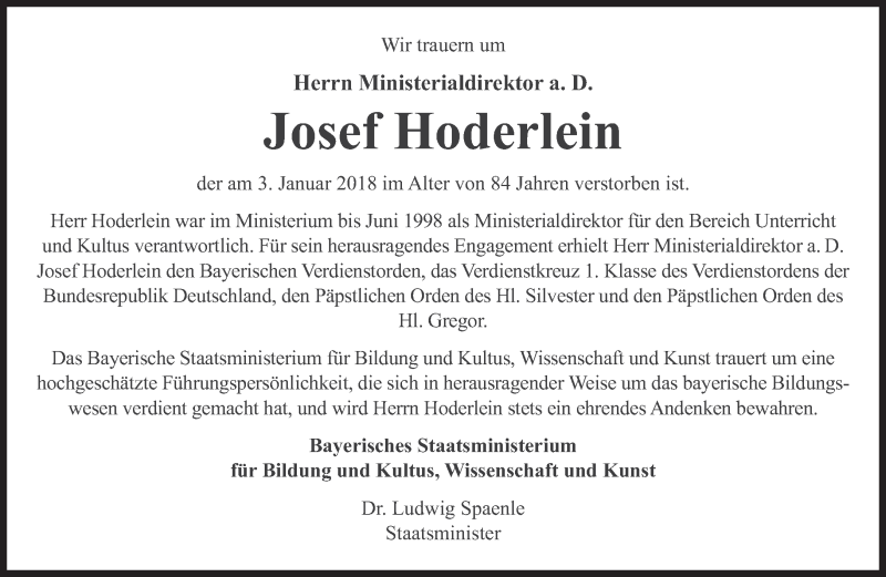  Traueranzeige für Josef Hoderlein vom 12.01.2018 aus Süddeutsche Zeitung