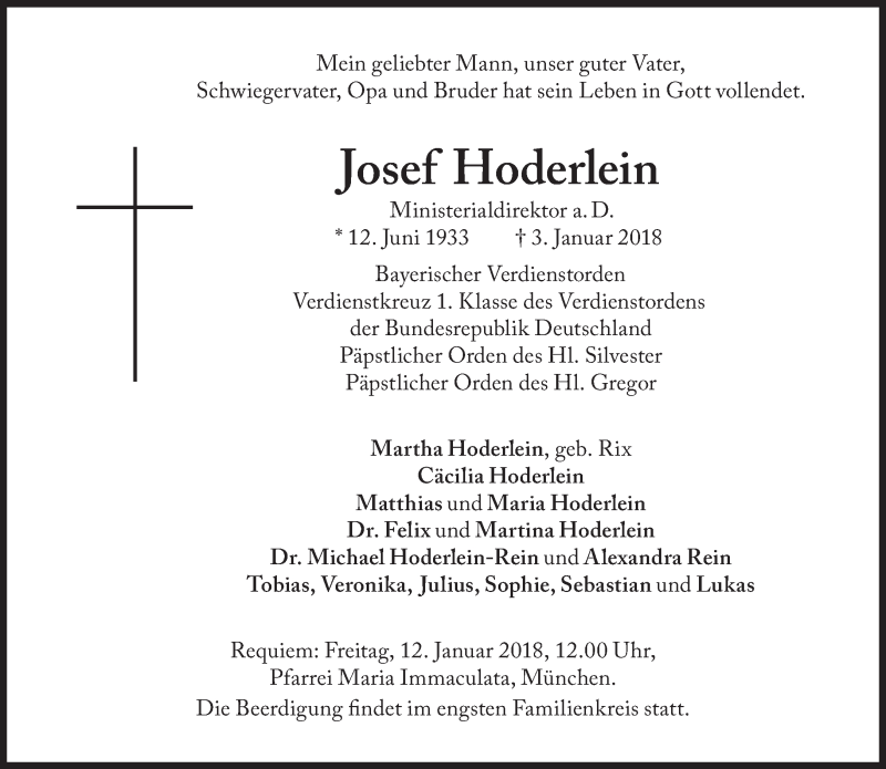  Traueranzeige für Josef Hoderlein vom 09.01.2018 aus Süddeutsche Zeitung
