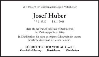 Traueranzeige von Josef Huber von Süddeutsche Zeitung
