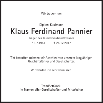 Traueranzeige von Klaus Ferdinand Pannier von Süddeutsche Zeitung