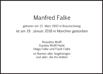 Traueranzeige von Manfred Falke von Süddeutsche Zeitung