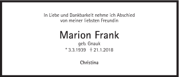 Traueranzeige von Marion Frank von Süddeutsche Zeitung