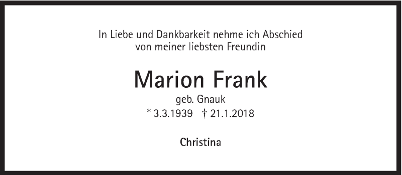  Traueranzeige für Marion Frank vom 27.01.2018 aus Süddeutsche Zeitung