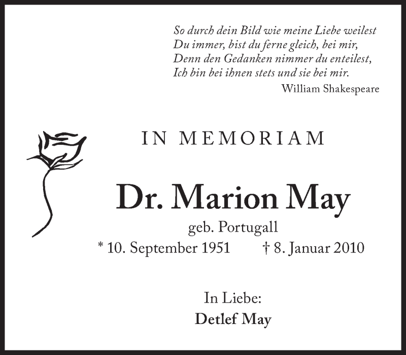  Traueranzeige für Marion May vom 08.01.2018 aus Süddeutsche Zeitung
