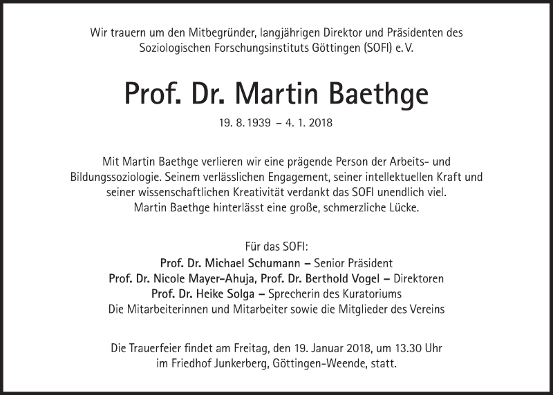  Traueranzeige für Martin Baethge vom 13.01.2018 aus Süddeutsche Zeitung