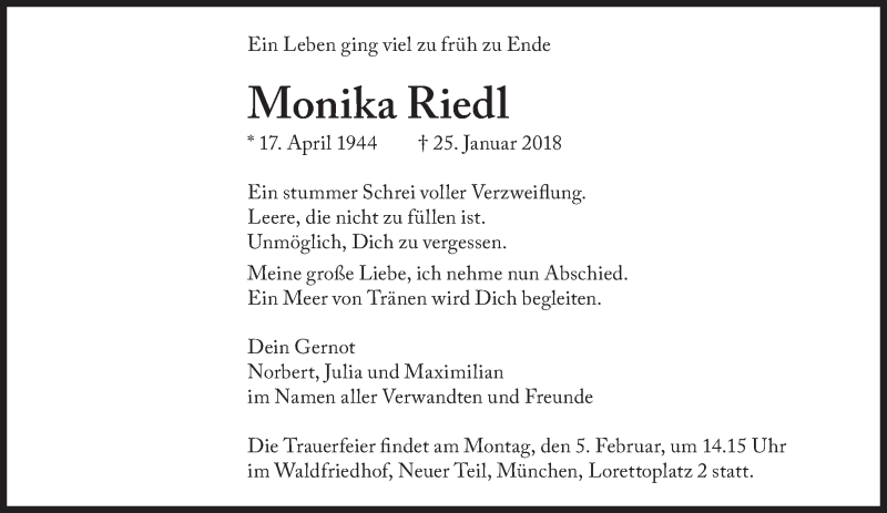  Traueranzeige für Monika Riedl vom 31.01.2018 aus Süddeutsche Zeitung