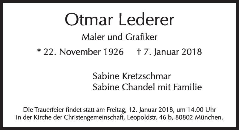  Traueranzeige für Otmar Lederer vom 10.01.2018 aus Süddeutsche Zeitung