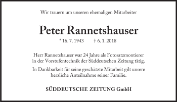 Traueranzeige von Peter Rannetshauser von Süddeutsche Zeitung