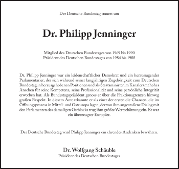 Traueranzeige von Philipp Jenninger von Süddeutsche Zeitung