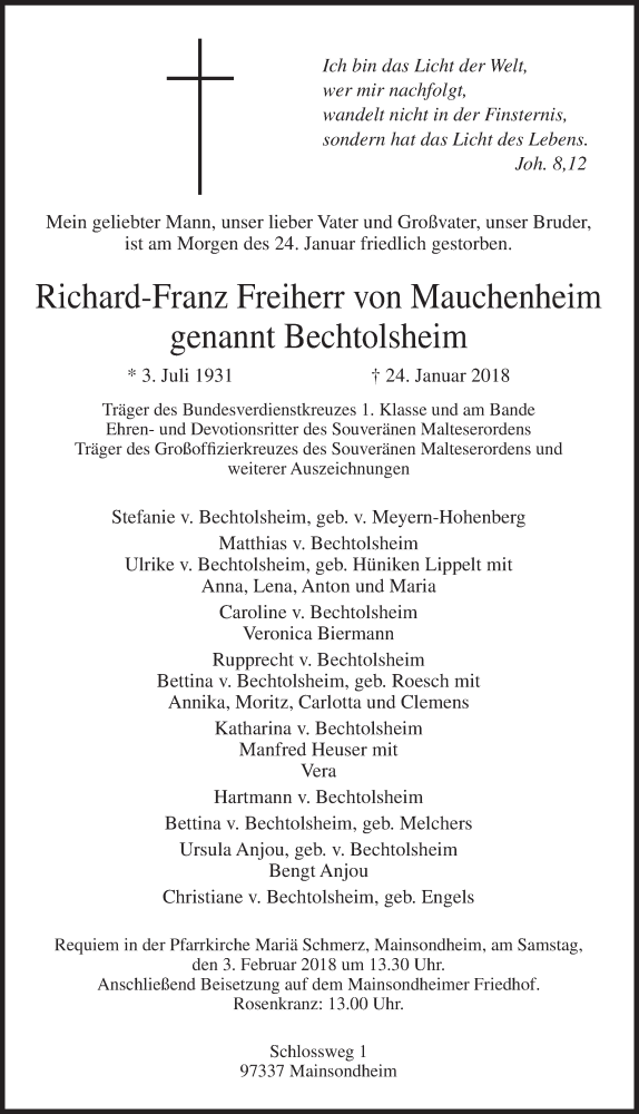  Traueranzeige für Richard-Franz  Freiherr von Mauchenheim genannt Bechtolsheim  vom 30.01.2018 aus Süddeutsche Zeitung