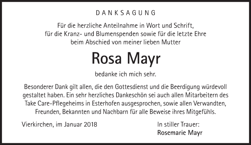  Traueranzeige für Rosa Mayr vom 20.01.2018 aus Süddeutsche Zeitung