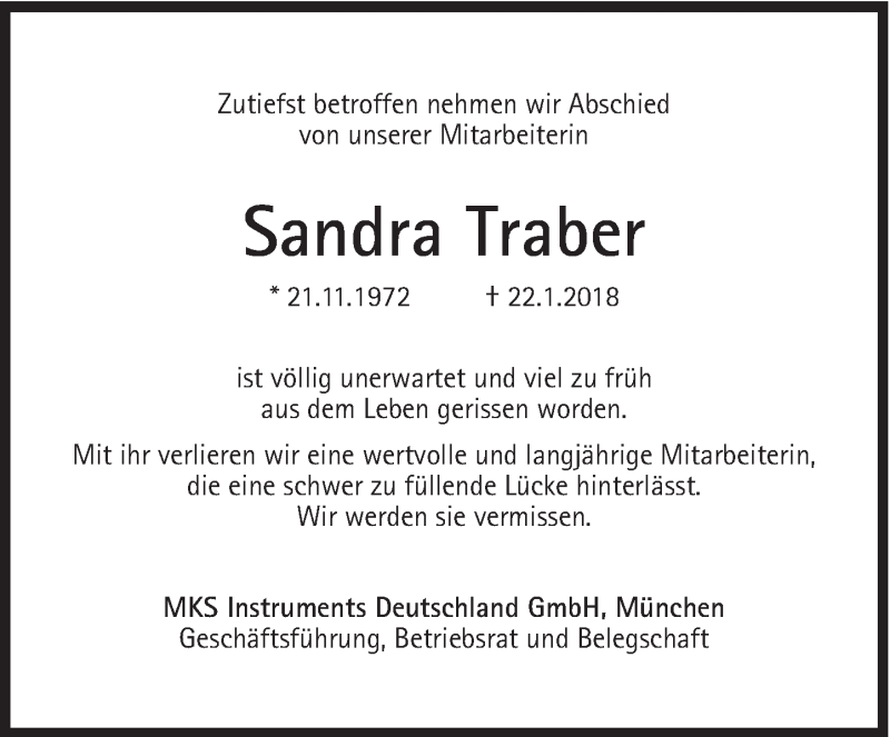  Traueranzeige für Sandra Traber vom 30.01.2018 aus Süddeutsche Zeitung
