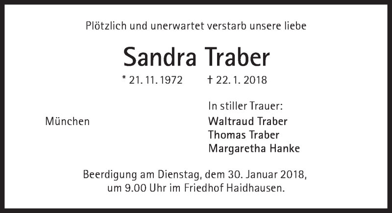  Traueranzeige für Sandra Traber vom 27.01.2018 aus Süddeutsche Zeitung