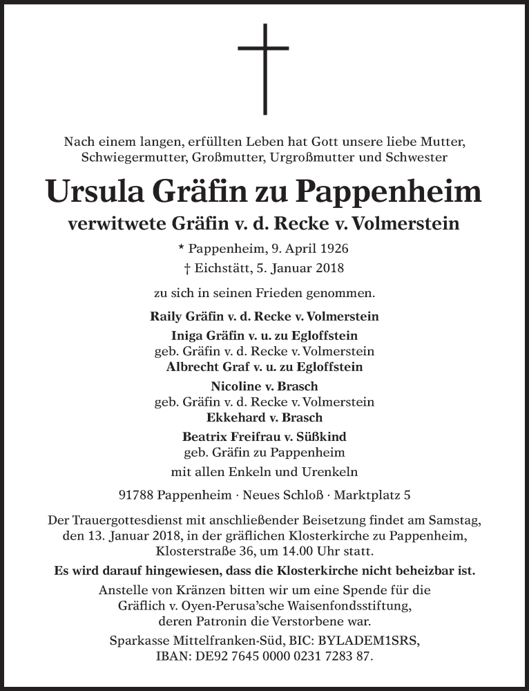  Traueranzeige für Ursula Gräfin zu Pappenheim vom 10.01.2018 aus Süddeutsche Zeitung