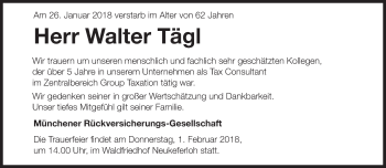 Traueranzeige von Walter Tägl von Süddeutsche Zeitung