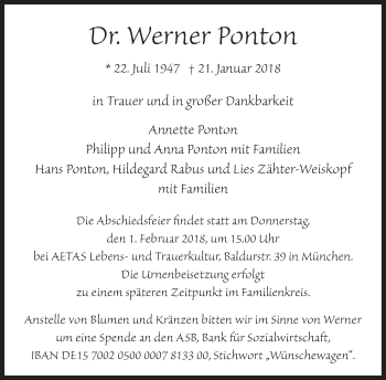 Traueranzeige von Werner Ponton von Süddeutsche Zeitung