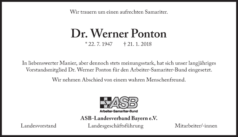  Traueranzeige für Werner Ponton vom 25.01.2018 aus Süddeutsche Zeitung