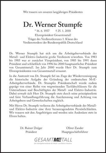 Traueranzeige von Werner Stumpfe von Süddeutsche Zeitung