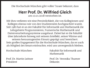 Traueranzeige von Wilfried Gleich von Süddeutsche Zeitung