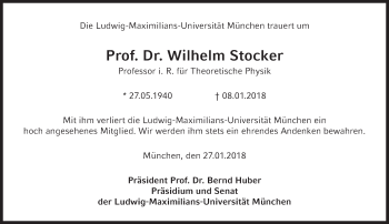 Traueranzeige von Wilhelm Stocker von Süddeutsche Zeitung