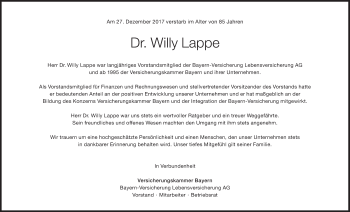Traueranzeige von Willy Lappe von Süddeutsche Zeitung
