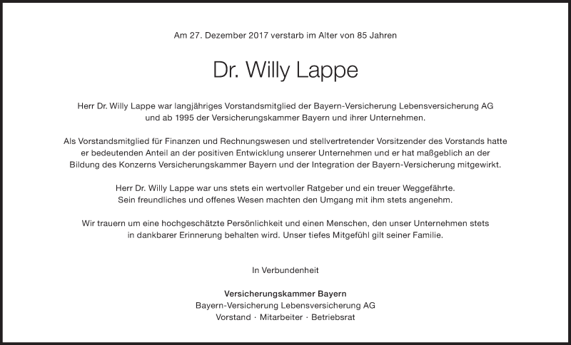  Traueranzeige für Willy Lappe vom 04.01.2018 aus Süddeutsche Zeitung