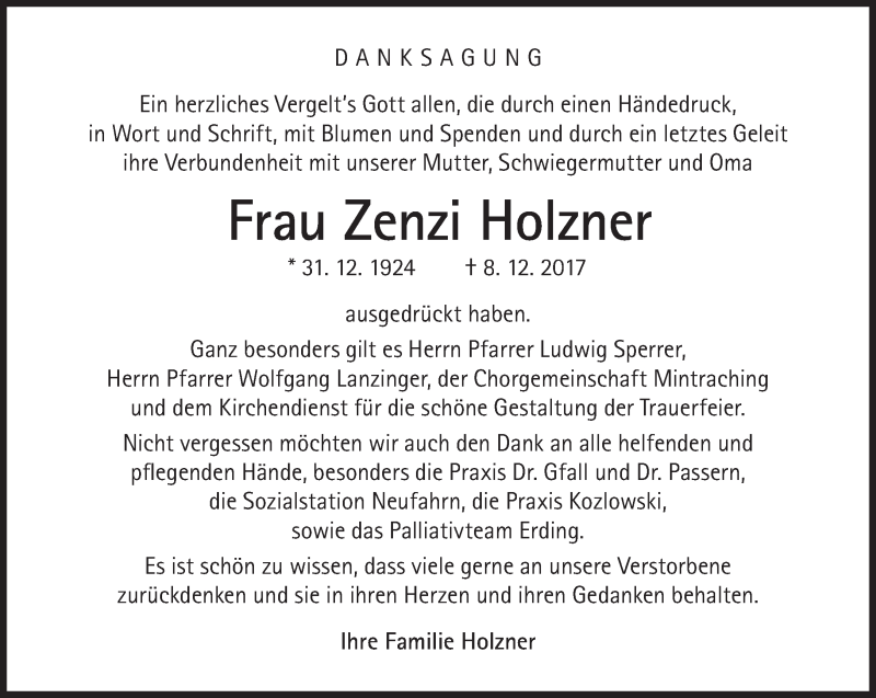  Traueranzeige für Zenzi Holzner vom 20.01.2018 aus Süddeutsche Zeitung