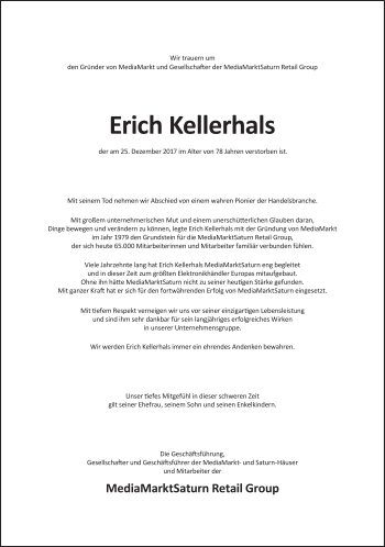 Traueranzeige von Erich Kellerhals von Süddeutsche Zeitung