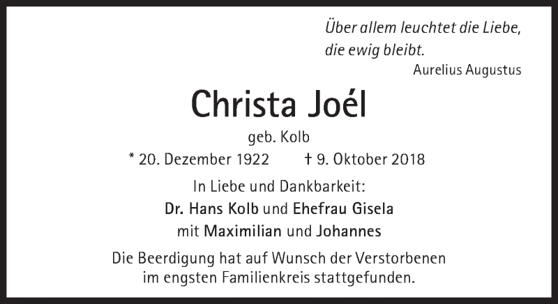  Traueranzeige für Christa Joel vom 20.10.2018 aus Süddeutsche Zeitung