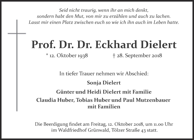 Traueranzeige für Eckhard Dielert vom 06.10.2018 aus Süddeutsche Zeitung