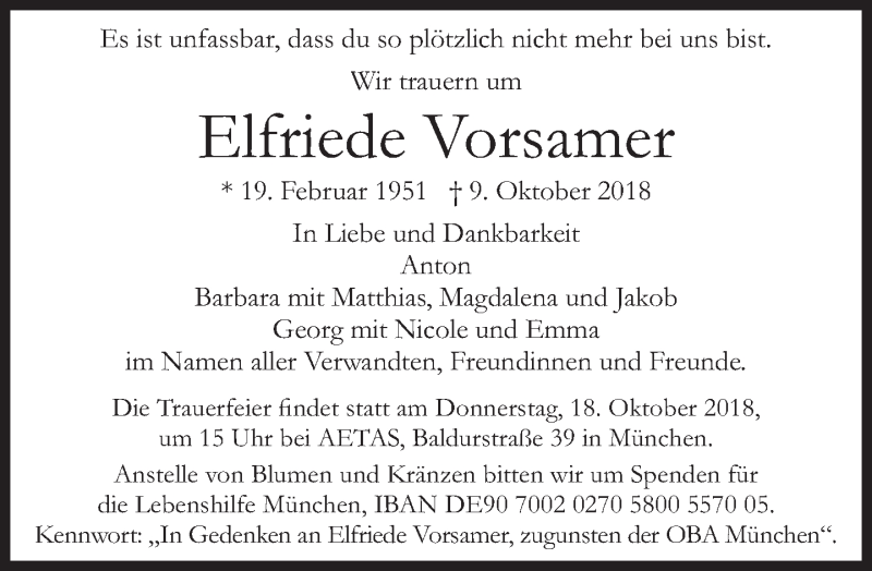  Traueranzeige für Elfriede Vorsamer vom 12.10.2018 aus Süddeutsche Zeitung