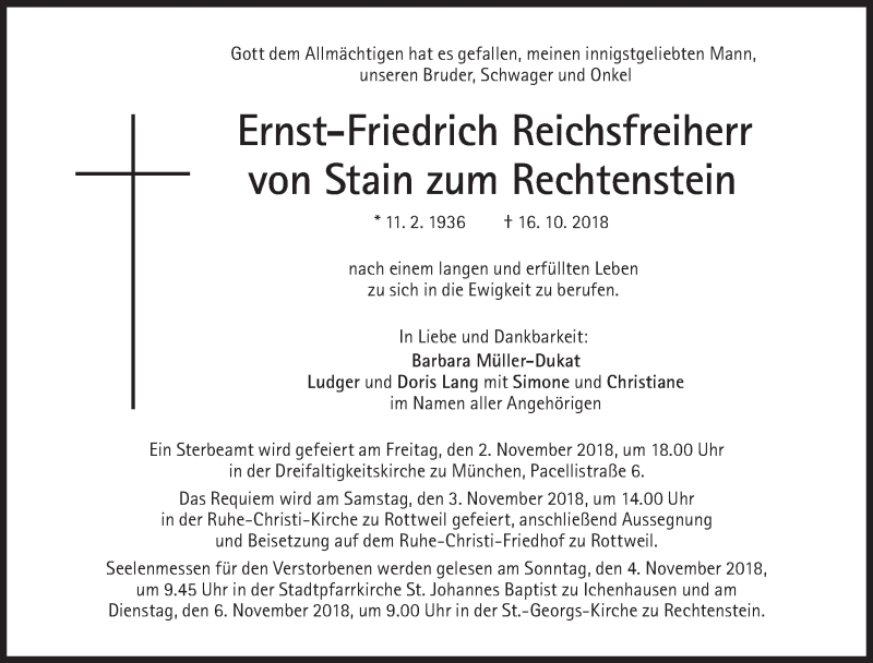  Traueranzeige für Ernst-Friedrich von Stain zum Rechtenstein vom 27.10.2018 aus Süddeutsche Zeitung