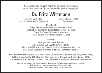 Traueranzeige von Fritz Wittmann von Süddeutsche Zeitung