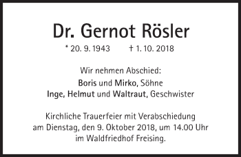Traueranzeige von Gernot Rösler von Süddeutsche Zeitung