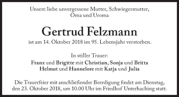 Traueranzeige von Gertrud Felzmann von Süddeutsche Zeitung