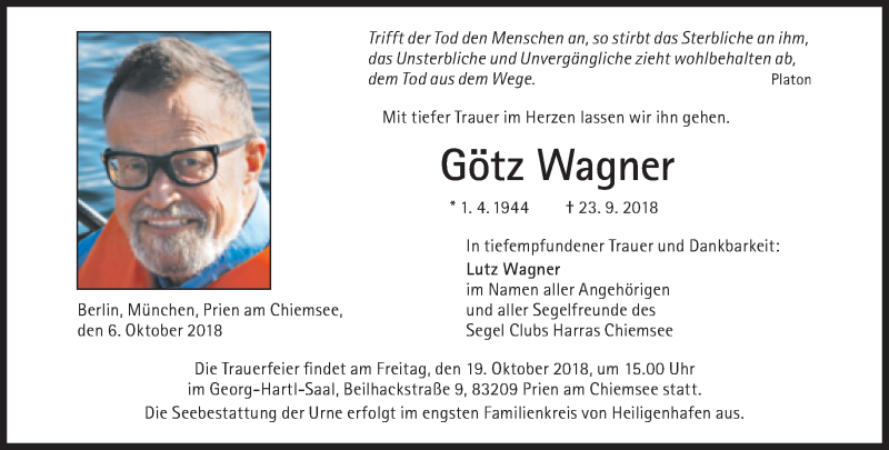  Traueranzeige für Götz Wagner vom 06.10.2018 aus Süddeutsche Zeitung